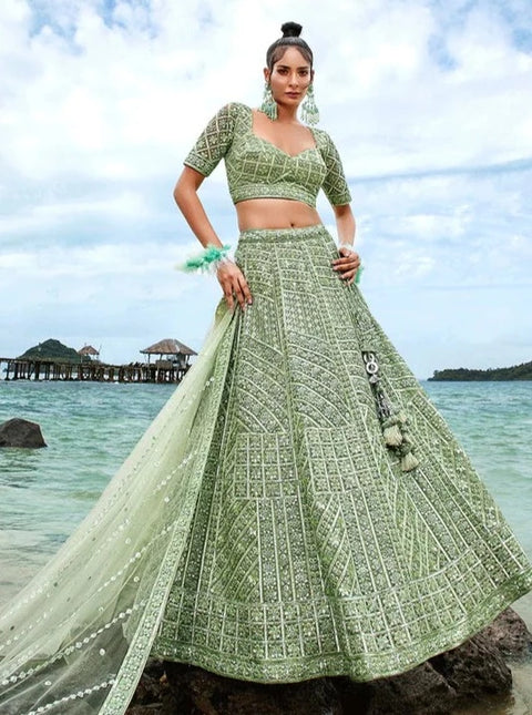 Lime Green Net Heavy Sequined Zarkan and thread work embroidery Lehenga For Party Wear (D343)