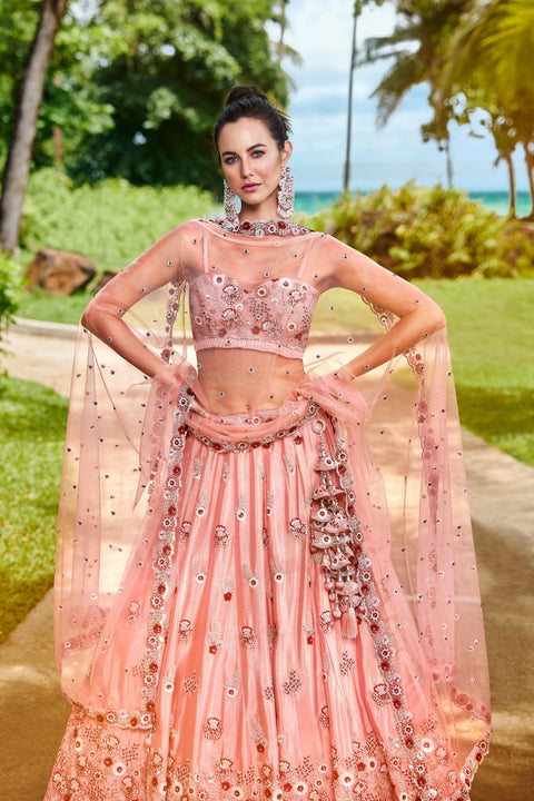 Pink Pure Georgette Sequins, Zarkan And Thread Embroidery Lehenga Choli For Party Wear (D362)