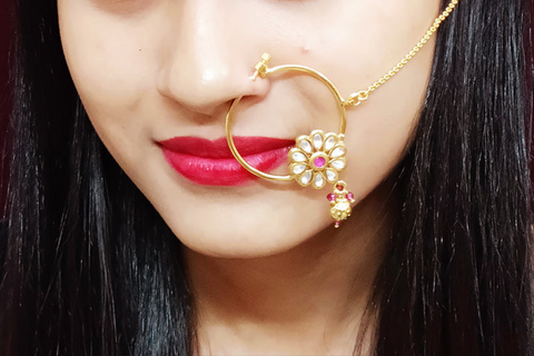 Gold Plated Royal Kundan Studded Nose Ring with Chain - NATH (Design 7)
