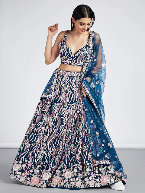 Navy Blue Multi-Sequins & Thread Work Embroidery Net Lehenga For Party Wear (D360)