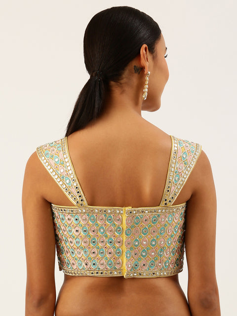 Lemon Yellow-Toned Mirror Work Pure Art Silk Readymade Blouse For Wedding & Party Wear (Design 1639)
