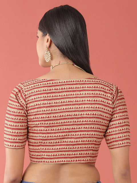 Maroon-Toned Cotton Silk Tribal Pattern Print Readymade Blouse (Design 1643)