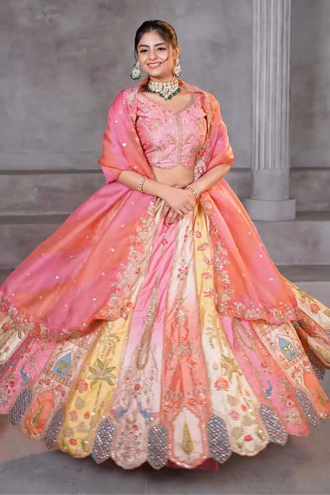 Pretty Pink Silk Intricate Paisley Motifs Traditional Embroidered Wedding Lehenga (D695)