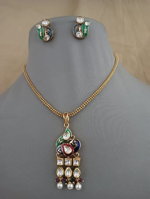 Peacock Designer Gold Plated Kundan Pendant Set with Earrings