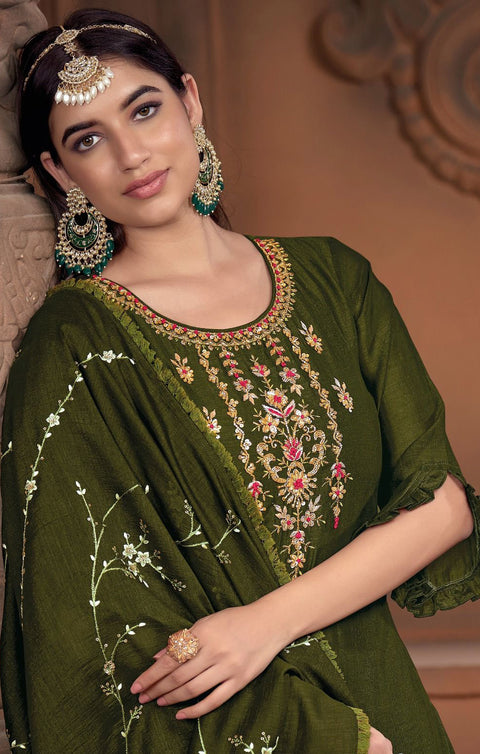 Designer Mehandi Green Color Embroidery Work Super Silk Readymade Suit With Pant (D901)