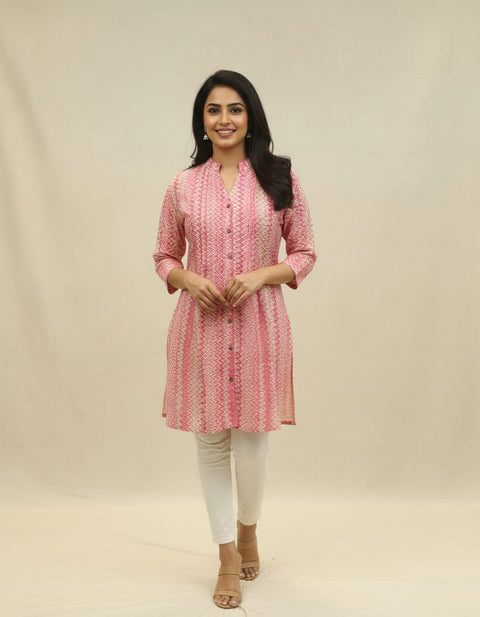 Pink Colour Cotton Printed Short Kurti for Women (D1800)