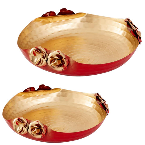 Beautiful Red And Golden Floating Flower Designer Metal Urli Bowls SET OF 2 (Design 151)