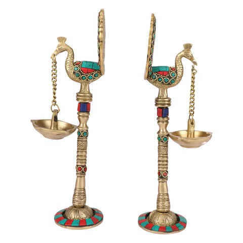 Artvarko Brass Pair of Bird Peacock Hanging Chain Diya Oil Lamp Stand, 9 Inches (Design 92)