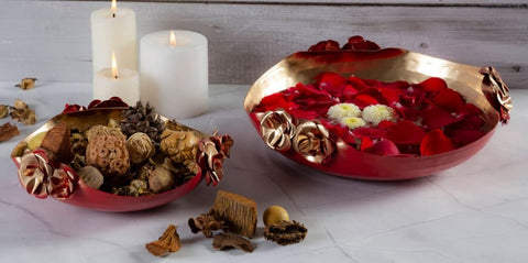 Beautiful Red And Golden Floating Flower Designer Metal Urli Bowls SET OF 2 (Design 151)