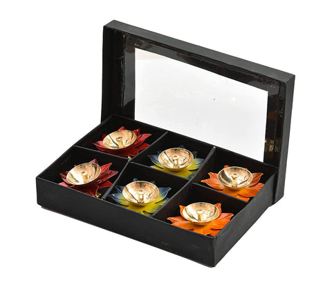 Brass And Iron Multicolor Akhand Diya Pooja Deepak Table Diya Oil Lamp Pack Of 6 With Fancy Gift Box Packing (Design 158)