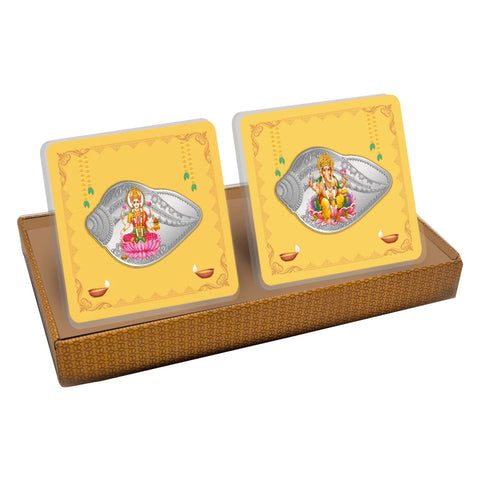 999 Silver Purity Laxmi Ganesh Shankh Design 25+25 Grams Coin (2 Set Coins)