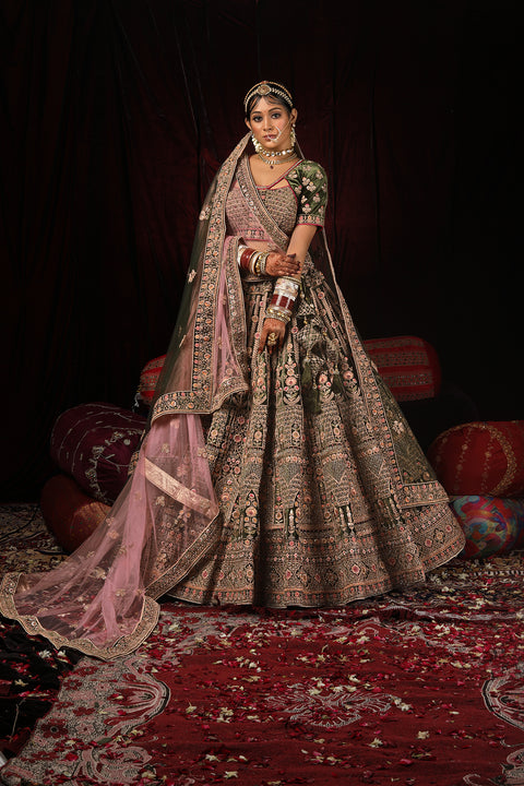 Designer Bridal Heritage Premium Mehandi Green Color Heavy Embroidered Velvet Lehenga Choli (D317)