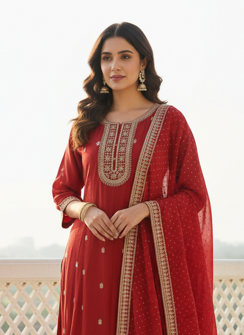 Red Colour Chinon Silk Golden Zari Cutdana Work  Embroidery Anarkali Suit Set (D1830)