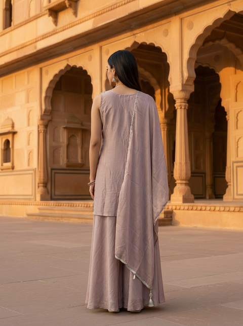 Mauve Colour Chinon Silk Sequins Cutdana Work Embroidery Suit & Palazzo With Dupatta (D1833)