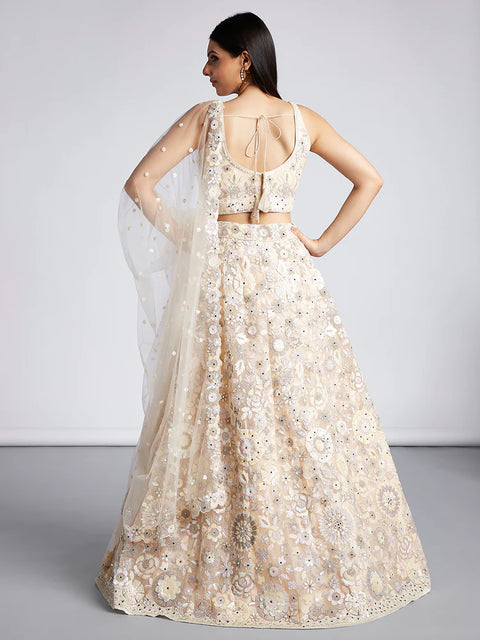 Cream Net Heavy Sequined, Mirror and thread work embroidery Lehenga For Party Wear (D344)