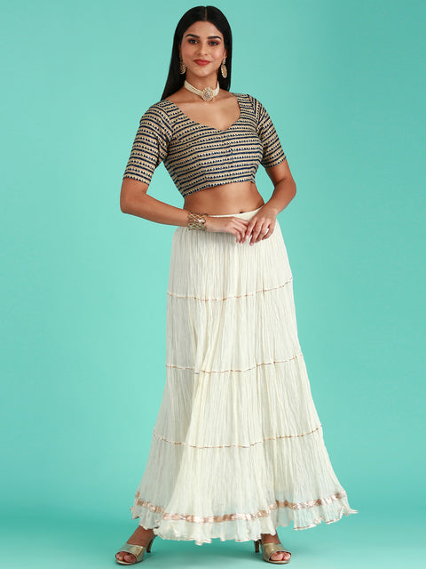 Navy Blue-Toned Cotton Silk Tribal Pattern Print Readymade Blouse (Design 1644)