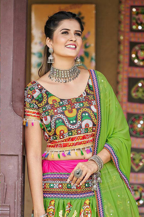 Navratri Wear Green Color Embroidered Mirror Work Lehenga Choli In Cotton (D257)