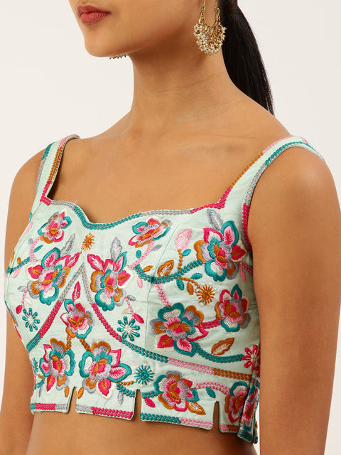 Turquoise Blue-Toned Thread Work Pure Art Silk Readymade Blouse For Wedding & Party Wear (Design 1635)