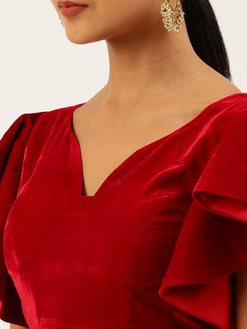 Red Velvet Ruffle Sleeves Readymade Blouse For Wedding & Party Wear (Design 1642)