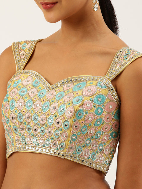 Lemon Yellow-Toned Mirror Work Pure Art Silk Readymade Blouse For Wedding & Party Wear (Design 1639)