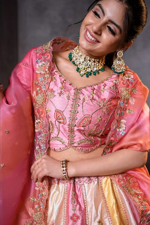 Pretty Pink Silk Intricate Paisley Motifs Traditional Embroidered Wedding Lehenga (D695)