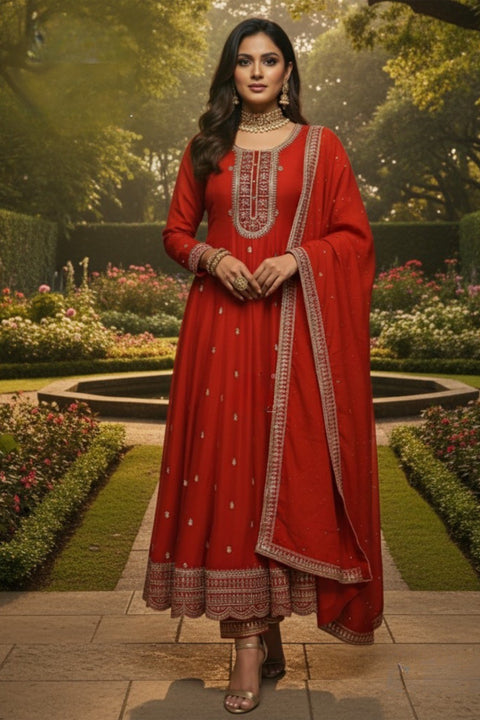 Red Colour Chinon Silk Golden Zari Cutdana Work  Embroidery Anarkali Suit Set (D1830)