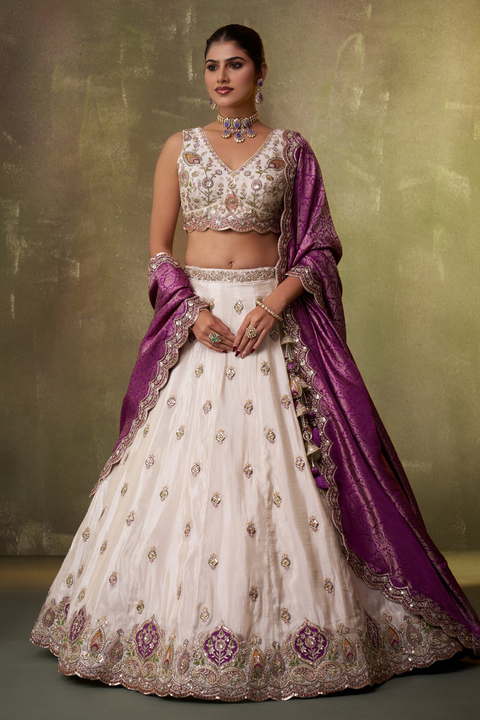 Cream & Purple Color Tissue Sequins Embroidery Lehenga choli & Dupatta (D955)