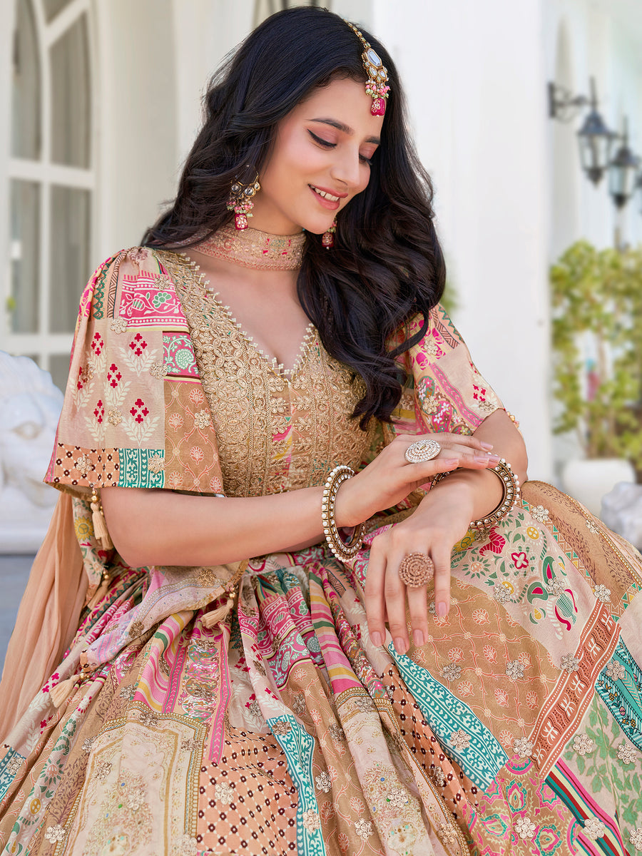 Delicate Beige Digital Printed Chinon Wedding Wear Lehenga Choli (D1024)