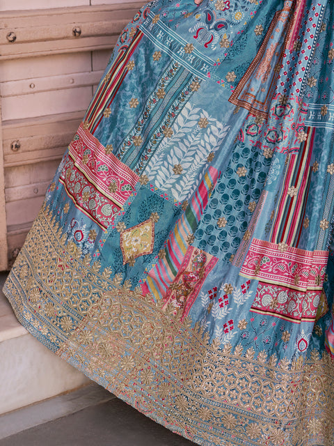 Lovely Sky Blue Zari Embroidery Chinon Reception Wear Lehenga Choli With Dupatta (D1021)