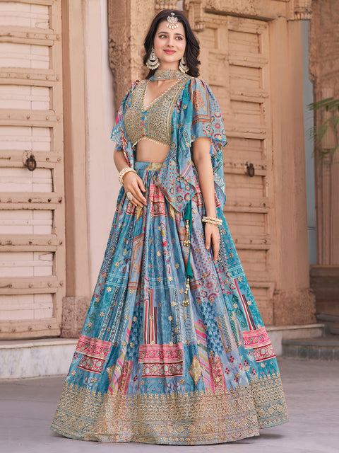 Lovely Sky Blue Zari Embroidery Chinon Reception Wear Lehenga Choli With Dupatta (D1021)