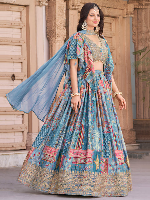 Lovely Sky Blue Zari Embroidery Chinon Reception Wear Lehenga Choli With Dupatta (D1021)