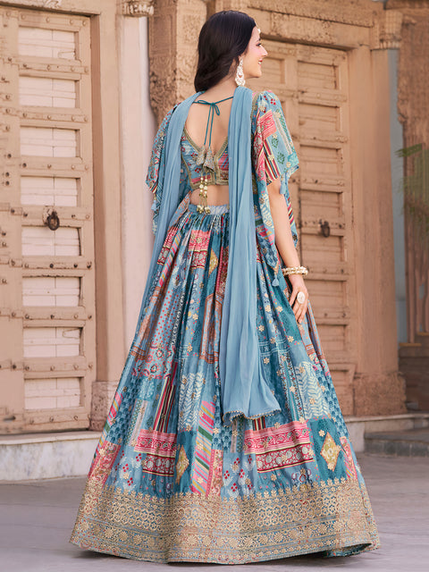 Lovely Sky Blue Zari Embroidery Chinon Reception Wear Lehenga Choli With Dupatta (D1021)