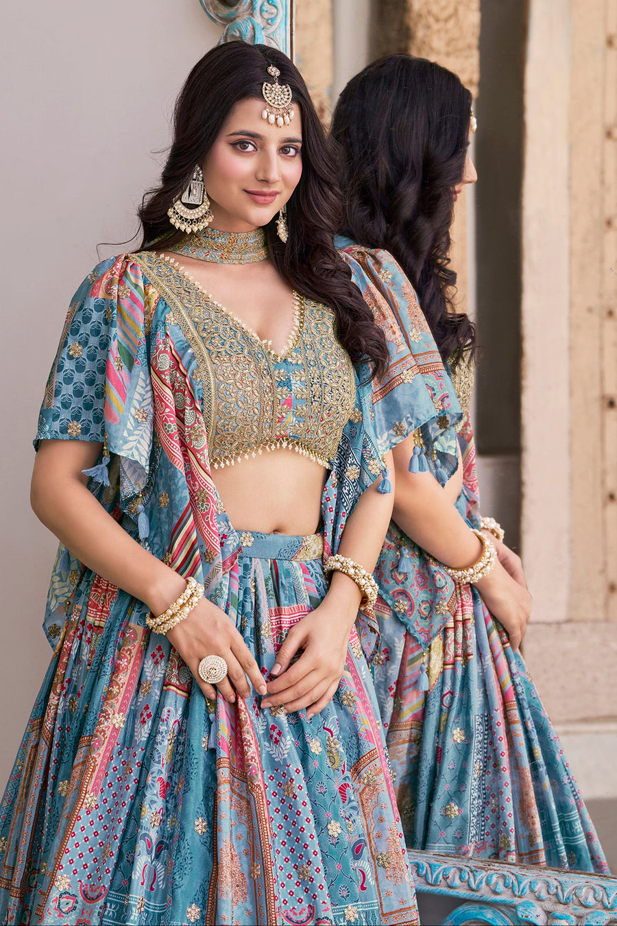 Lovely Sky Blue Zari Embroidery Chinon Reception Wear Lehenga Choli With Dupatta (D1021)