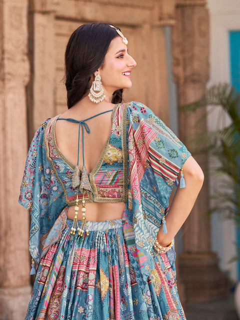 Lovely Sky Blue Zari Embroidery Chinon Reception Wear Lehenga Choli With Dupatta (D1021)