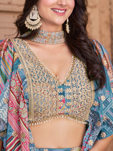 Lovely Sky Blue Zari Embroidery Chinon Reception Wear Lehenga Choli With Dupatta (D1021)
