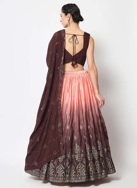 Designer Brown & Peach Ombre Foil Print Embroidered Work Lehenga Choli(D225)