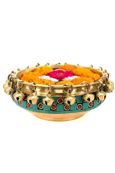 Gemstone Work Brass Urli Ethnic Traditional Bowl with Bells (Design 117)