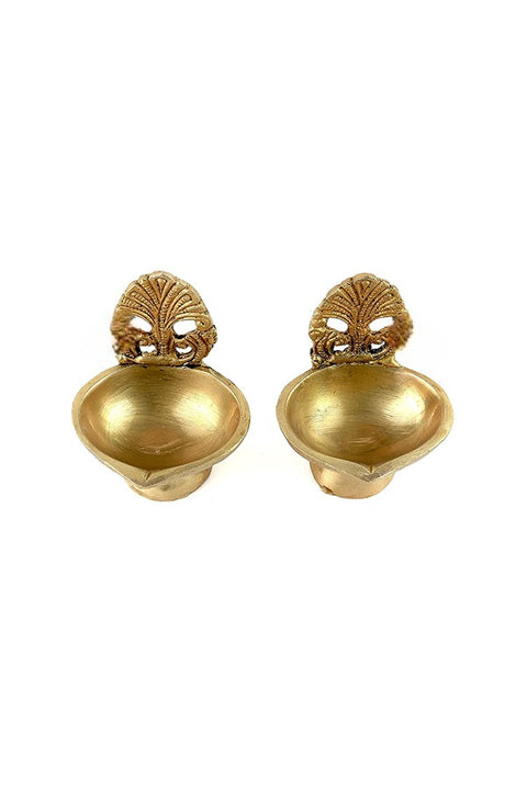 Brass Ethnic Carving Diya |3 Inches Pair|Antique Yellow|Standard|1 Piece(Design 107)