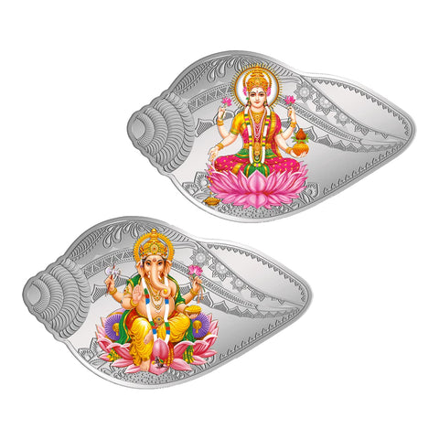 999 Silver Purity Laxmi Ganesh Shankh Design 25+25 Grams Coin (2 Set Coins)