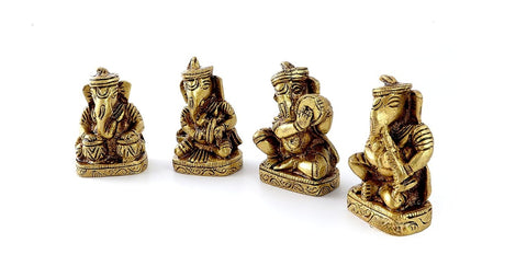 Brass Musical Ganesha Set of 4 | Showpieces for Home Decor | Antique Yellow(Design 130)