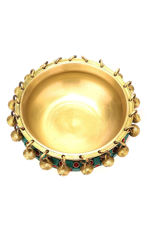 Gemstone Work Brass Urli Ethnic Traditional Bowl with Bells (Design 117)