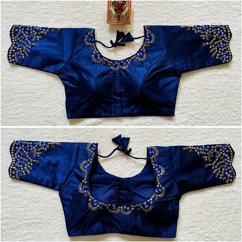 Designer Navy Blue Color Silk Embroidered Blouse For Wedding & Party Wear (Design 1402)