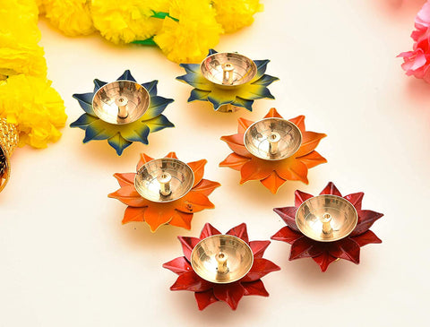 Brass And Iron Multicolor Akhand Diya Pooja Deepak Table Diya Oil Lamp Pack Of 6 With Fancy Gift Box Packing (Design 158)