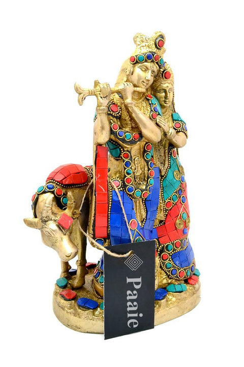 Brass Radha Krishna with Cow Showpiece, Standard, Multicolour,1 Piece(Design 102)