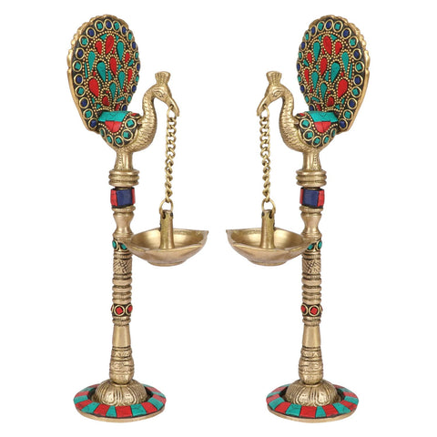 Artvarko Brass Pair of Bird Peacock Hanging Chain Diya Oil Lamp Stand, 9 Inches (Design 92)