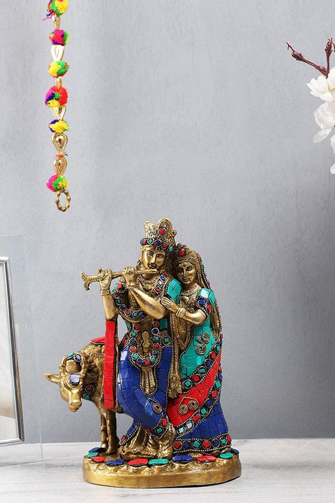 Brass Radha Krishna with Cow Showpiece, Standard, Multicolour,1 Piece(Design 102)