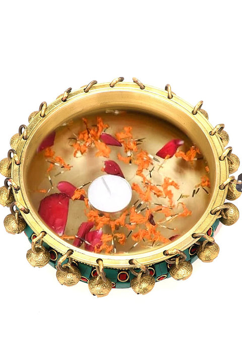 Gemstone Work Brass Urli Ethnic Traditional Bowl with Bells (Design 117)