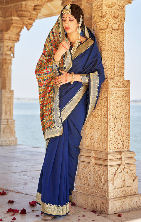 Designer Navy Blue / Gold Silk Banarasi Saree with Zari Work for Party Wear