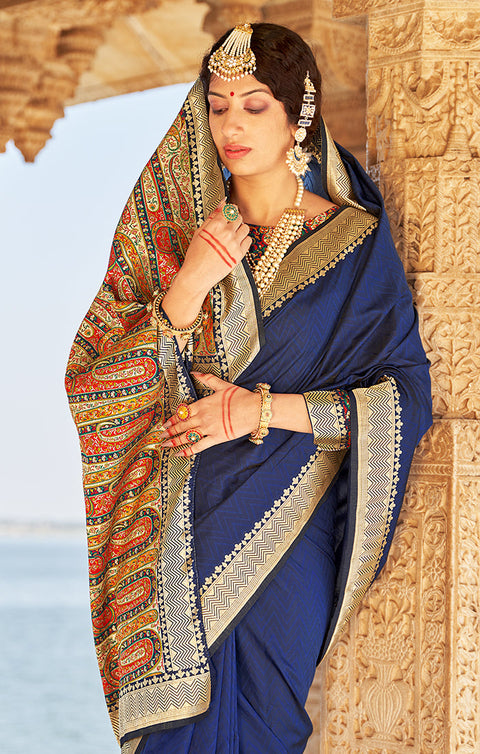 Designer Navy Blue / Gold Silk Banarasi Saree with Zari Work for Party Wear