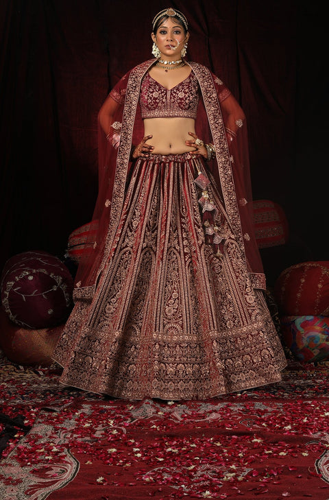 Designer Bridal Heritage Premium Dark Purple Color Heavy Embroidered Velvet Lehenga Choli (D314)